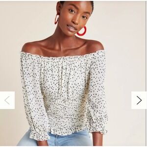 Anthropologie Lucia Off-the-Shoulder Smocked Blouse Polka Dot top‎ size L